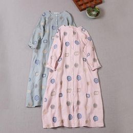 Casual Dresses Japanese Female Spring 2023 Loose Delicate Embroidered Linen Dress Round Neck Long Sleeve Robe Midi