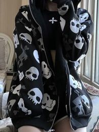 Men's Hoodies Sweatshirts QWEEK Gothic Harajuku Punk Skull Hoodie Mall Goth Tops Streetwear Black Long Sleeve Zip Up Hooded Sweatshirt Autumn 230308