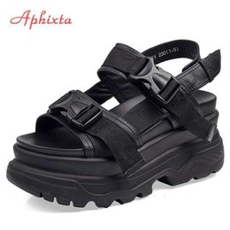 Sandals Aphixta 8cm Platform Sandals Women Wedge High Heels Shoes Women Buckle Leather Canvas Summer Zapatos Mujer Wedges Woman Sandal Z0306