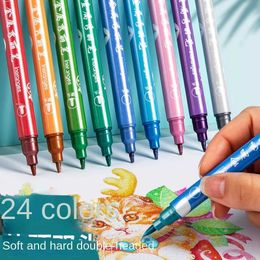 Highlighters 61224PCS Pearlescent Double Headed Multicolor GelL Pen Metal Pearlescent Fluorescent Normal Color Set Office School Supplies J230302