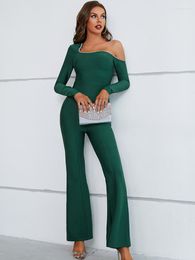 Women's Two Piece Pants Women Winter Sexy Long Sleeve Diamonds Green Flare Bandage Set 2023 Celebrity Designer Fashion
