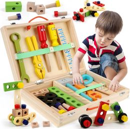 Tools Workshop Wooden DIY Variety Nut Combination Building Block Kids Early Education Toys Repair Toolbox Disassembly Assembly Screw Montessori 230307