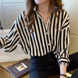 Women's TShirt Shirts for Women Plus Size BlackWhite Vertical Stripes Top Longsleeve Lapel Blousers Single Breasted Tee Loose clothes 230308