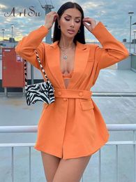 Women's Suits Sexy Deep V Belt Women Blazer Orange Long Sleeve Single Button Jacket Female Autumn Skinny Fashion Streetwear ANDYCO1656