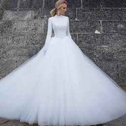 Wed Dresses Wed New Wedding Dresses Bridal Gowns A Line High Neck Long Sleeve Applique Zipper Lace Up Plus Size Custom Tulle Sweep Train