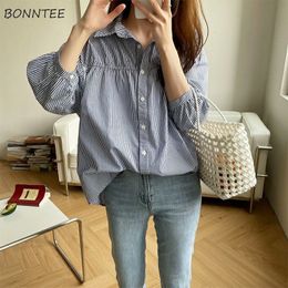 Women's Blouses Shirts Three Quarter Sleeve Shirts Women Office Lady Striped Leisure Baggy Female Vintage Turn-down Collar College Elegant Ins 230308