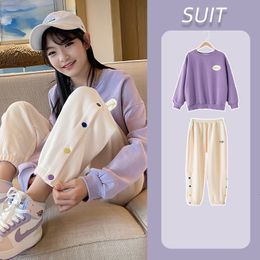 Clothing Sets Contrast Girls Sweatshirt Waffle Sweatpant School Kids Tracksuit Students Jogger Suit Children 2 Pieces Outfits 5 16 Years 230307