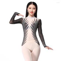 Stage Wear 2023 Sexy Leotard Women Dance Accessories Wild Long Sleeves High Neck Tops Bottoming Shirt Belly Drilling Bodysuit