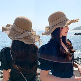 Wide Brim Hats Korean Summer Ladies Knitted Breathable Big-edge Beach Hat Outdoor Shade Bow Fisherman Women HatWide