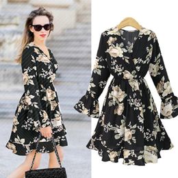 Casual Dresses XL-5XL Plus Size Women 2023 Autumn Fashion Flower Printed Long Sleeve Waisted Show Thin Female Dress Vestidos