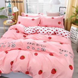 Bedding sets 4 Pieces Pink Strawberry Kawaii Bedding Set Luxury Children Quilt Covers Soft Quilt Duvet Cover Pillowcase And Sheets Decor Bed 230308