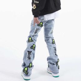 Men's Jeans Ripped Jeans Skeleton Pants Trendyol Vintage Blue Casual Punk Y2k Straight Leg Man Harajuku Men Streetwear Slim Hip Hop Jean Z0301