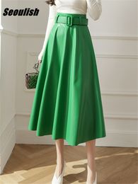 Skirts Seoulish Elegant Green Faux PU Leather Long Skirts with Belted High Waist Umbrella Skirts Ladies Female Autumn Winter 230308