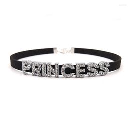 Choker Rhinestone PRINCESS Letter Necklaces For Women Girls Fashion Black Velvet Leather Collar Party Club Goth Jewelry Gifts