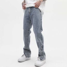 Men's Jeans Ankle Zipper Ripped Washed Retro Mens Jeans Straight Wide Leg Pockets Distressed Casual Denim Trousers Loose Hip Hop Pants Z0301