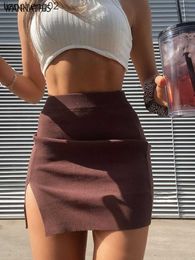 Skirts WannaThis Knitting Women Skirts Side Split Brown Solid High Waist Autumn Fashion Skinny Harajuku E-Girl Female Short Skirt 2021 W0308