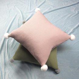 Pillow High-grade Cotton Knit Waffle Fur Ball Lotus Pink And Olive Green Cover