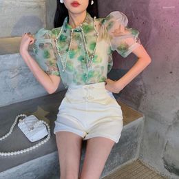 Women's Blouses French Heavy Work Beaded Pointed Neck Bubble Sleeve Organza Floral Shirt Women Summer Salt Design Sense Minority Blouse