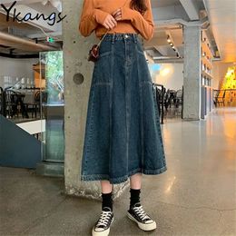 Skirts Vintage Denim Skirt Women Plus Size 5XL Korean Long Jeans Skirt Button Pocket Big Hem Casual Loose High Waist A-Line Skirts 230308