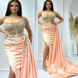 2023 Arabic Aso Ebi Pink Mermaid Prom Dresses Lace Beaded Crystals Sexy Evening Formal Party Second Reception Birthday Engagement Bridesmaid Gowns Dress ZJ1134