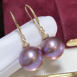 Dangle Earrings D307 Fine Jewelry Pure 18 K Gold Diamonds 10-11mm Natural Fresh Water Purple Pearls For Women Pearl