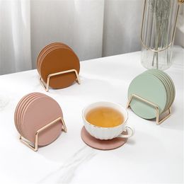 6PCS/set Decorative Cup Mat Drink Coasters with Holder Leather Absorbent Coaster with Cork Base Home Decor RRA2211