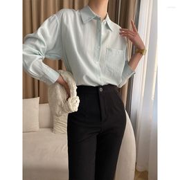 Women's Blouses Blue Colour Cotton Fabric Fashion Women Blouse Pockets Full Sleeves Buttons Turn-Down Neck Lady Vintage Tops SHirt Clothes