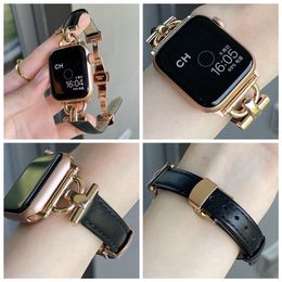 Luxury Slim Watch Bands Strap Gold Folding Buckle For Apple iWatch Band 41mm 45mm 38mm 40mm 44mm Iwatch 3 4 5 7 8 49mm Metal D Connector Real Cow Leather Ladies Women Girls