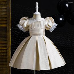 Girl Dresses Lovely Short Sleeves Champagne First Communion Ball Gown Dress Satin Kids Birthday Party Pageant Gowns