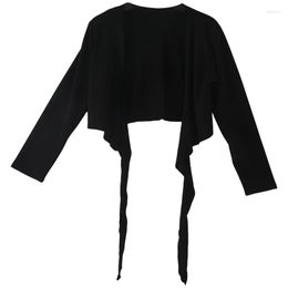 Stage Wear LADIES LONG SLEEVE TIE UP CROP SHRUG WOMENS WRAP BOLERO CARDIGAN TOP - Black