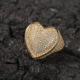 With Side Stones Hip Hop New Mens Big Heart Fl Zircon Men Ring Famous Brand Iced Out Micro Pave Cz Rings Punk Rap Jewellery Siz Dhgarden Dhefs