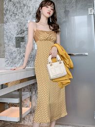 Casual Dresses Summer Women's Clothing Sexy Elegant Inner-Match Sundress Yellow Print Houndstooth Folds Slip Backless Robe Office Work