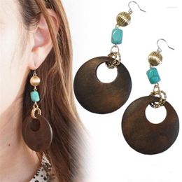 Stud Earrings 2023 Fashion Women Bohemian Turquoise Hollow Round Wooden Drop Earring Geometric Wood Jewellery
