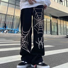 Men's Jeans HOUZHOU Spider Web Straight Jeans Pants Men Black Denim Trousers Male Vibe Style Ripped Oversize Loose Denim Trousers Streetwear Z0301