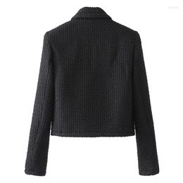 Women's Jackets Black Elegant Wool Blend Coats Women Spring Slim Long Sleeve High Waist Short Outerwear Casual Single Breasted Tweed Jacket