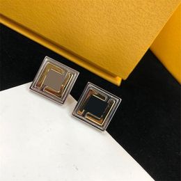 Silvery Square Plate Charm with Lines Reversed Golden Letter Sequin Ear Stud Women Outdoor Street Fashion Generous Jewellery