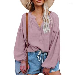 Women's Blouses Fall 2023 Women Clothing Purple Top Button Up Shirt Solid Casual V-Neck Long Lantern Sleeve Shirts