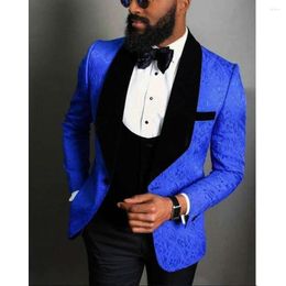 Men's Suits Tailor Made Jackquard Floral Pattern Royal Blue Black Men Suit Slim Fit Gioom Tuxedos 3 Pieces (Jacket Vest Pants) Prom