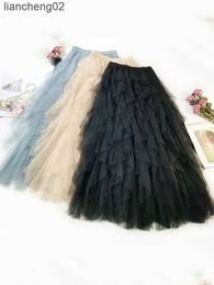 Skirts Fashion Tutu Tulle Skirt Women Long Maxi Skirt 2019 Spring Summer Korean Black Pink High Waist Pleated Skirt Female W0308