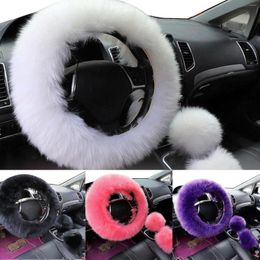 Steering Wheel Covers 3Pcs/Set Universal Faux Wool Gear Shift Rod Brake Fluffy Cover Car Decor Styling Accessories Interior