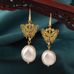 Dangle Earrings Vintage Cloisonne Butterfly Shell Bead Drop Classic Jewellery For Women Temperament Girl's Daily Wear