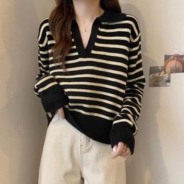 Women's Sweaters Women Long Sleeve V Neck Striped Sweater Female Elegant Casual Fashion Tops Korean Style Knitted Chic Loose Cotton
