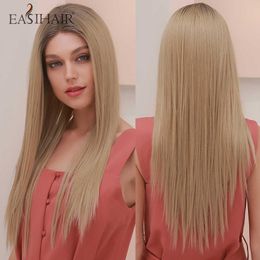 Synthetic Wigs Easihair Long Straight Blonde Ombre Lace Front Wigs with Baby Hair for Women High Density Natural Heat Resistant 230227