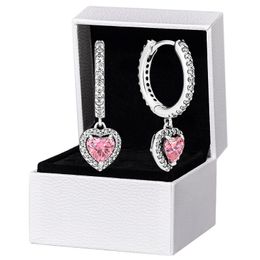 Sparkling Halo Heart Hoop Earrings for Pandora 925 Sterling Silver Wedding Jewellery For Women Girlfriend Gift Pink CZ Diamond designer Earring with Original Box