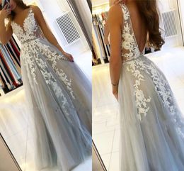 Gray Prom Dresses 2023 New Sexy A Line Backless V Neck Appliques Tulle Long Evening Gowns Custom Made Bridesmaid Dress BC15346