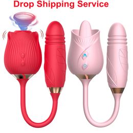 Vibrators Rose Thrusting Sucking Sex Toy for Woman Anal Double Head Vibrator Oral Licking Teasing Female Telescopic Masturbation 230307