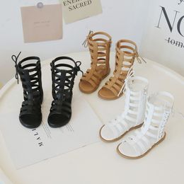 New Summer Girls Sandals Open-toed Long Zip Gladiator High Sandals Size 21-35 Baby Toddler Girl Sandals Black, Brown.white