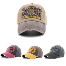 Ball Caps New Men Women Frayed Vintage Baseball Cap Washed Cotton Peaked ROCK Letters Embroidery Sun Hat Hip Hop Snapback Cap Z0301