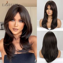 Synthetic Wigs Easihair Medium Length Layered Natural Hair Wig Dark Brown Wavy Synthetic Wigs for Women with Bangs Daily Heat Resistant 230227