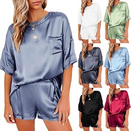 Women's T Shirts Summer Solid Colour Satin Pyjamas Homewear Short-sleeved Shorts Two Piece Set Designer Outfits For Women Stacked